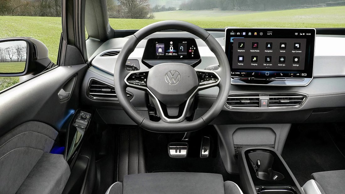 Volkswagen ID.3 Pro (2024-…) интерьер, переднее сиденье, водительское сиденье, приборная панель, рулевое колесо, информационно-развлекательная система, кокпит