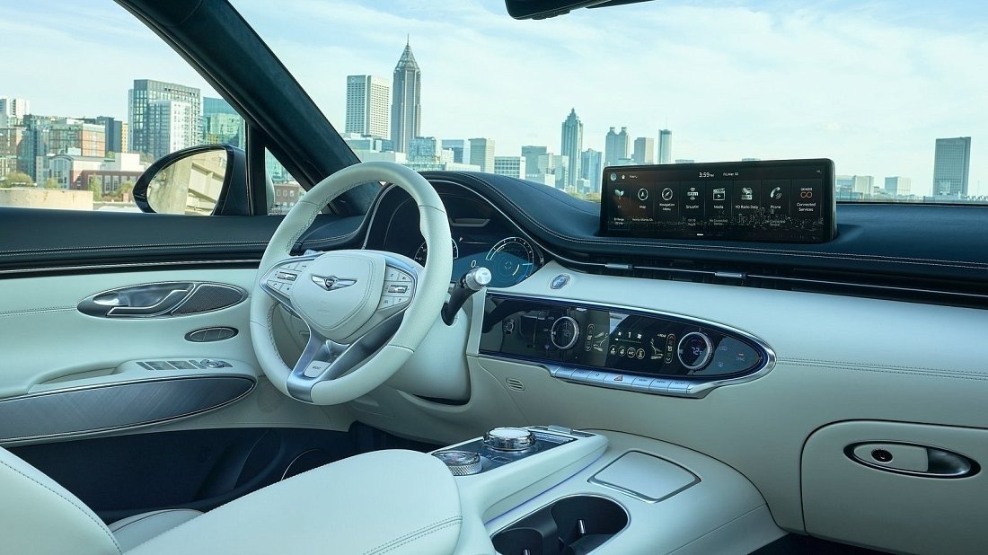 Genesis Electrified GV70 AWD (2022-…) интерьер, переднее сиденье, водительское сиденье, приборная панель, рулевое колесо, информационно-развлекательная система, кокпит