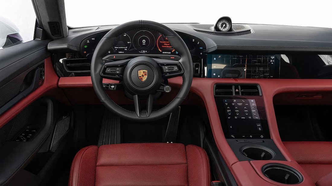 Porsche Taycan Turbo (2020-2024) интерьер, переднее сиденье, водительское сиденье, приборная панель, рулевое колесо, информационно-развлекательная система, кокпит
