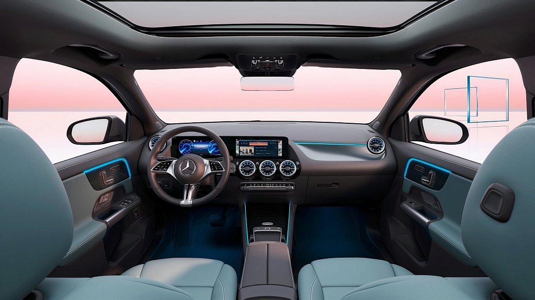 Mercedes EQB 300 4MATIC (2023-…) интерьер, переднее сиденье, водительское сиденье, приборная панель, рулевое колесо, информационно-развлекательная система, кокпит
