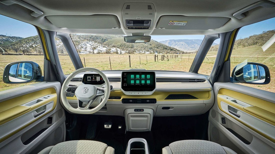 Volkswagen ID.Buzz Pro (2024-...) интерьер, переднее сиденье, водительское сиденье, приборная панель, рулевое колесо, информационно-развлекательная система, кокпит