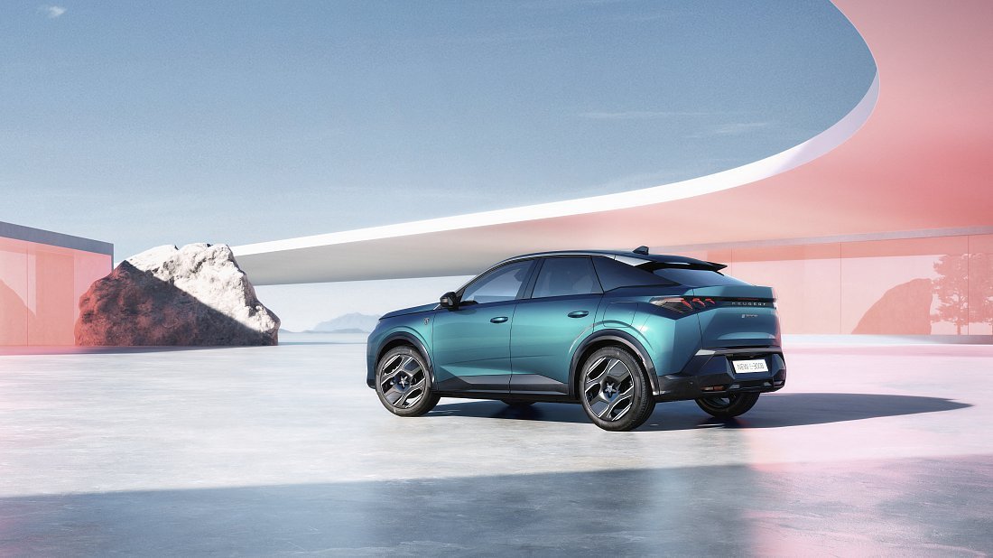 Peugeot e-3008 98 kWh Long Range FWD (2024-…) задняя часть в три четверти, вид в три четверти, диагональ, экстерьер