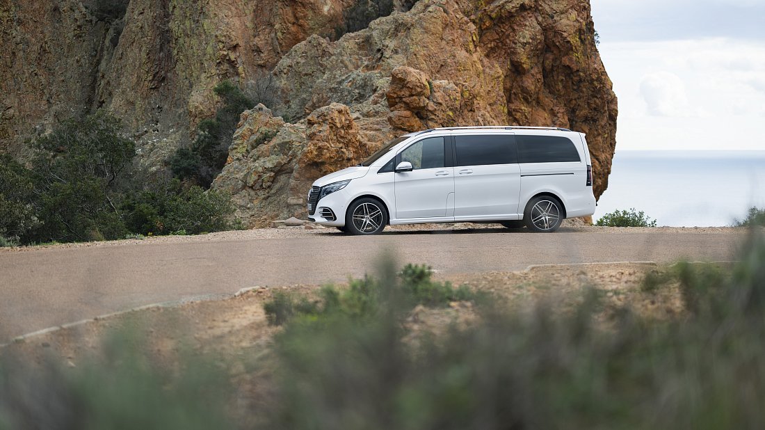 Mercedes EQV 300 Long (2020-2024) вид сбоку, силуэт, двери, колеса, экстерьер
