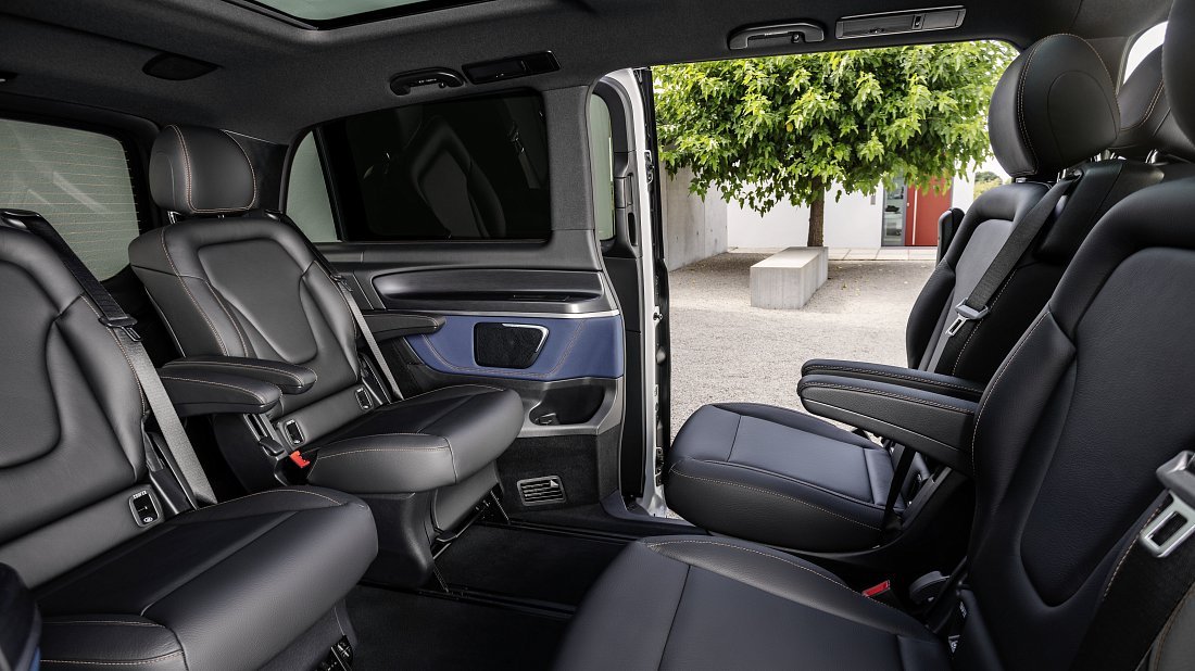Mercedes EQV 300 Long (2020-2024) задние сиденья, пассажирские сиденья, пространство для ног, пространство над головой, интерьер