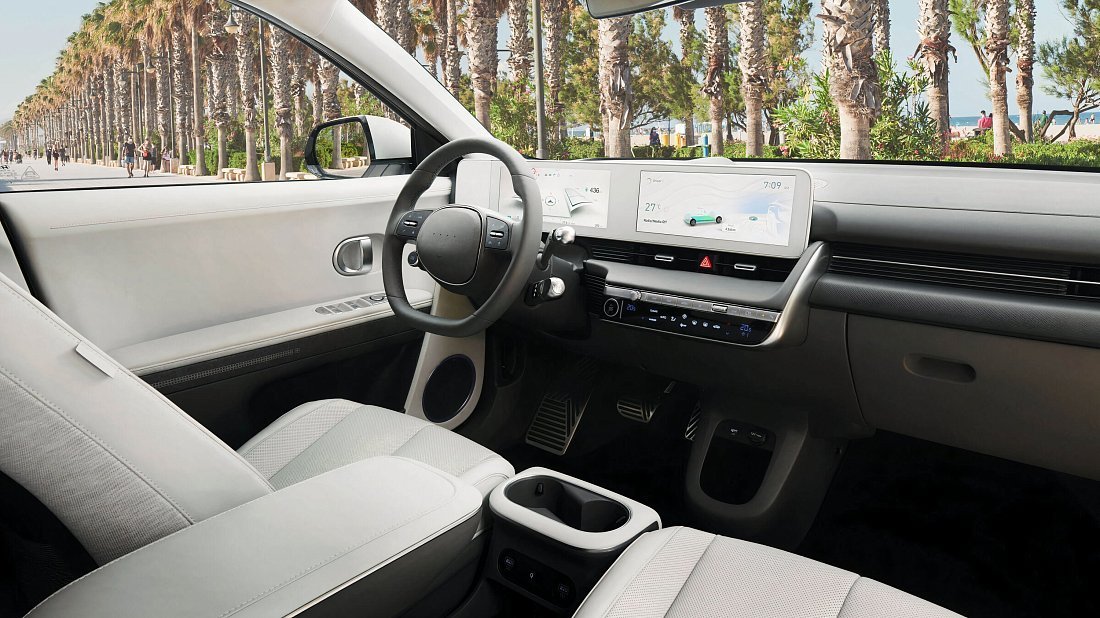 Hyundai Ioniq 5 Standard Range RWD (2021-2024) интерьер, переднее сиденье, водительское сиденье, приборная панель, рулевое колесо, информационно-развлекательная система, кокпит