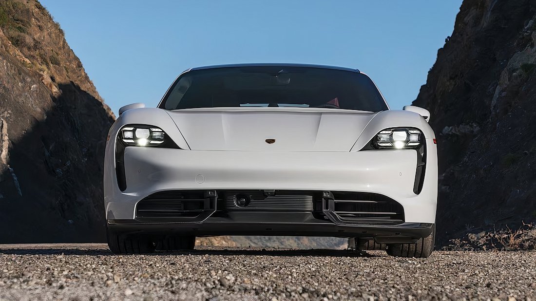 Porsche Taycan Turbo (2020-2024) передняя часть, решетка радиатора, фары, бампер, экстерьер