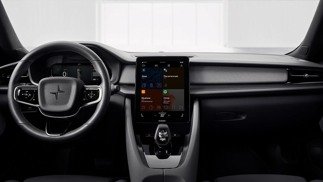 Polestar 2 Long Range Performance (2023-…) интерьер, переднее сиденье, водительское сиденье, приборная панель, рулевое колесо, информационно-развлекательная система, кокпит