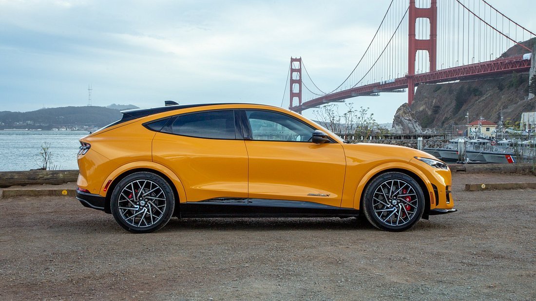 Ford Mustang Mach-E GT Performance Edition (2021-2023) вид сбоку, силуэт, двери, колеса, экстерьер