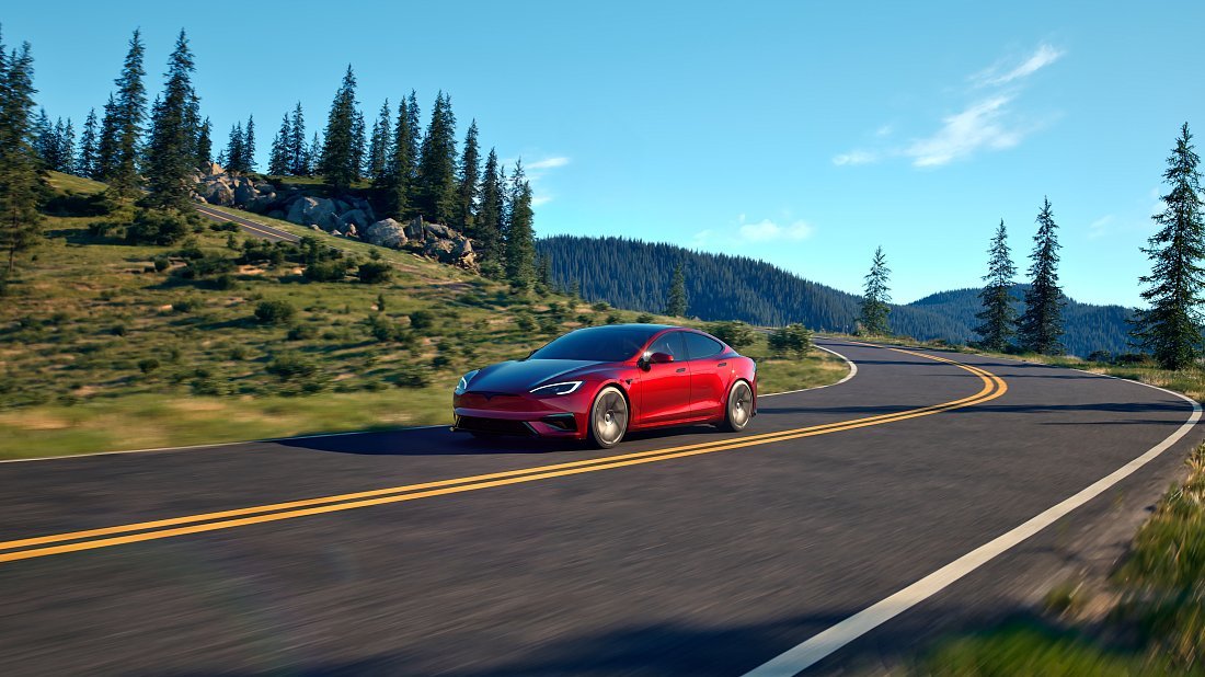Tesla Model S Dual Motor (2025-…) вид спереди, передняя часть в три четверти, диагональ, экстерьер