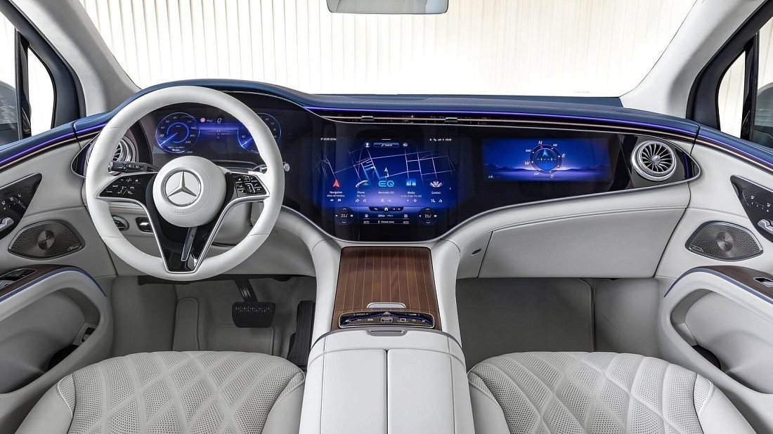 Mercedes EQS SUV 580 4MATIC (2023-…) интерьер, переднее сиденье, водительское сиденье, приборная панель, рулевое колесо, информационно-развлекательная система, кокпит