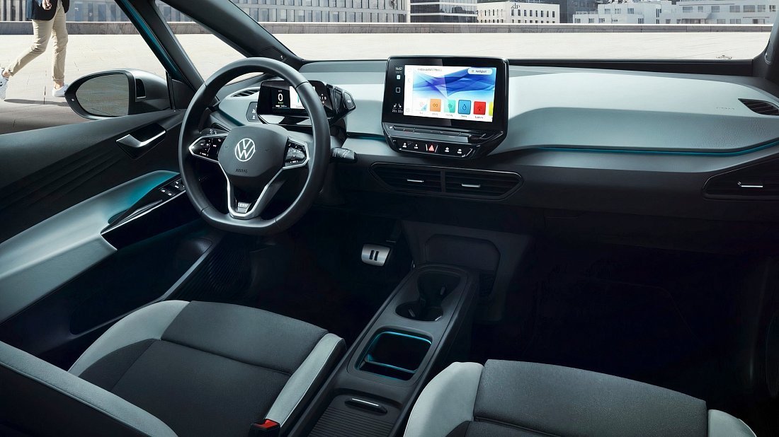 Volkswagen ID.3 Pro Performance (2020-2023) интерьер, переднее сиденье, водительское сиденье, приборная панель, рулевое колесо, информационно-развлекательная система, кокпит