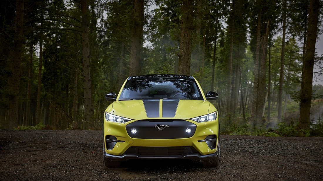 Ford Mustang Mach-E Rally (2024-…) передняя часть, решетка радиатора, фары, бампер, экстерьер