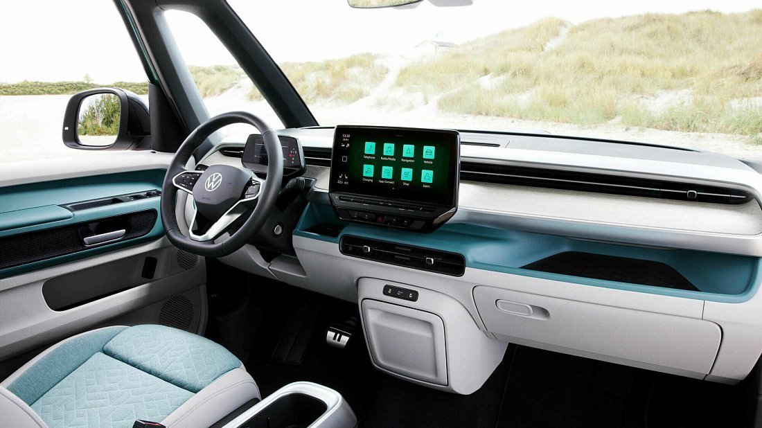 Volkswagen ID.Buzz Long Pro S (2024-…) интерьер, переднее сиденье, водительское сиденье, приборная панель, рулевое колесо, информационно-развлекательная система, кокпит