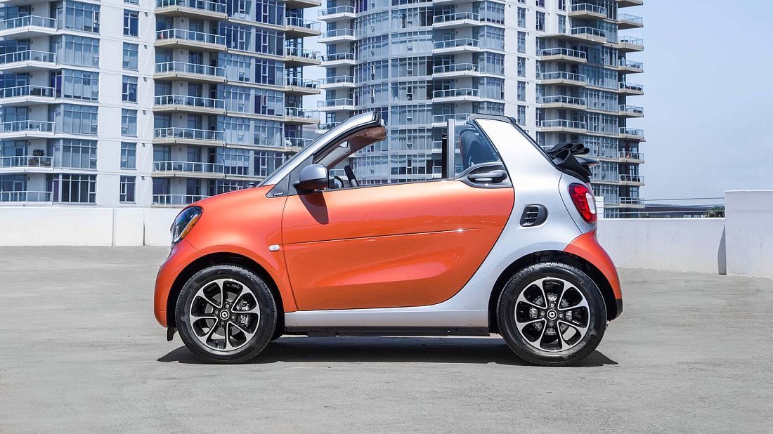 Smart EQ fortwo cabrio (2017-2019) вид сбоку, силуэт, двери, колеса, экстерьер