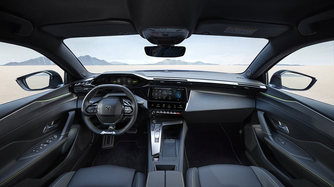 Peugeot e-408 58 kWh (2024-…) интерьер, переднее сиденье, водительское сиденье, приборная панель, рулевое колесо, информационно-развлекательная система, кокпит