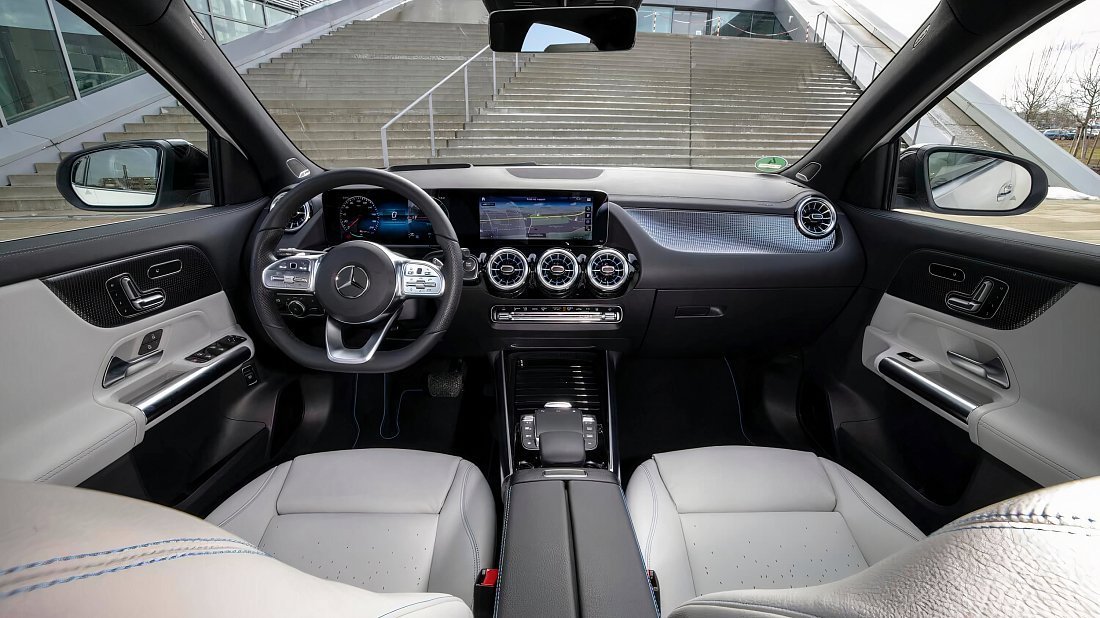 Mercedes EQA 250 (2021-2023) интерьер, переднее сиденье, водительское сиденье, приборная панель, рулевое колесо, информационно-развлекательная система, кокпит