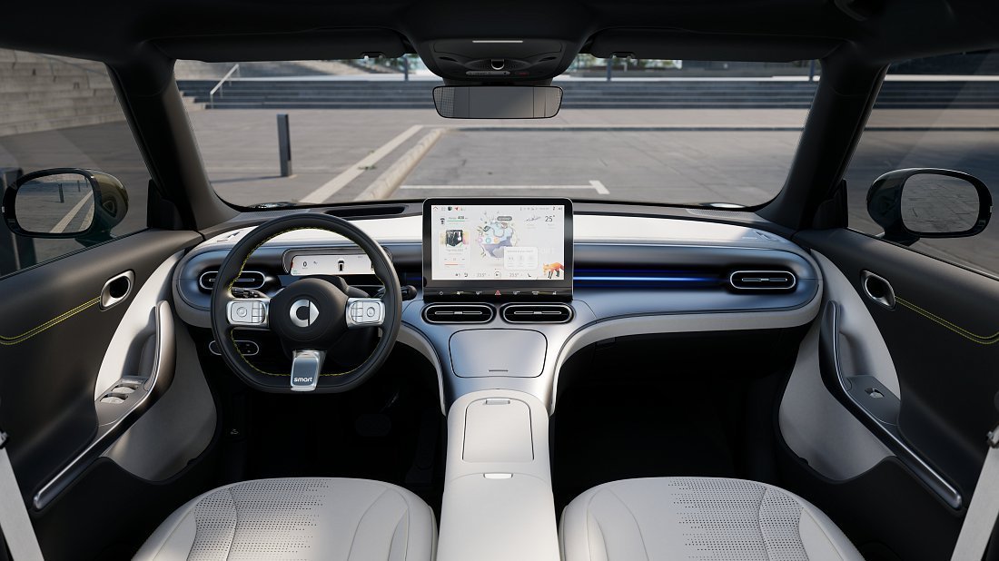 Smart #1 Premium (2023-…) интерьер, переднее сиденье, водительское сиденье, приборная панель, рулевое колесо, информационно-развлекательная система, кокпит