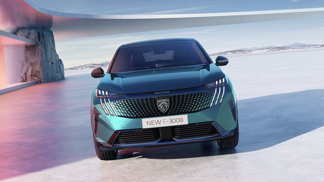 Peugeot e-3008 98 kWh Long Range FWD (2024-…) передняя часть, решетка радиатора, фары, бампер, экстерьер