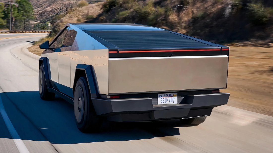 Tesla Cybertruck All-Wheel Drive (2023-…) вид сзади, задние фонари, багажник, спойлер, эмблема, бампер, экстерьер