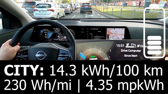 Video: Nissan Ariya 87 kWh e-4ORCE: CITY energy power consumption economy test range mpkWh kWh/100 km AWD