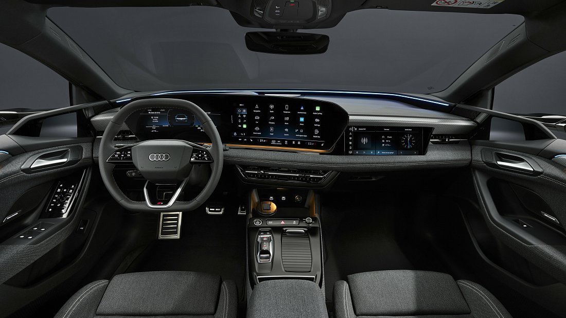 Audi S6 Avant e-tron (2024-…) интерьер, переднее сиденье, водительское сиденье, приборная панель, рулевое колесо, информационно-развлекательная система, кокпит