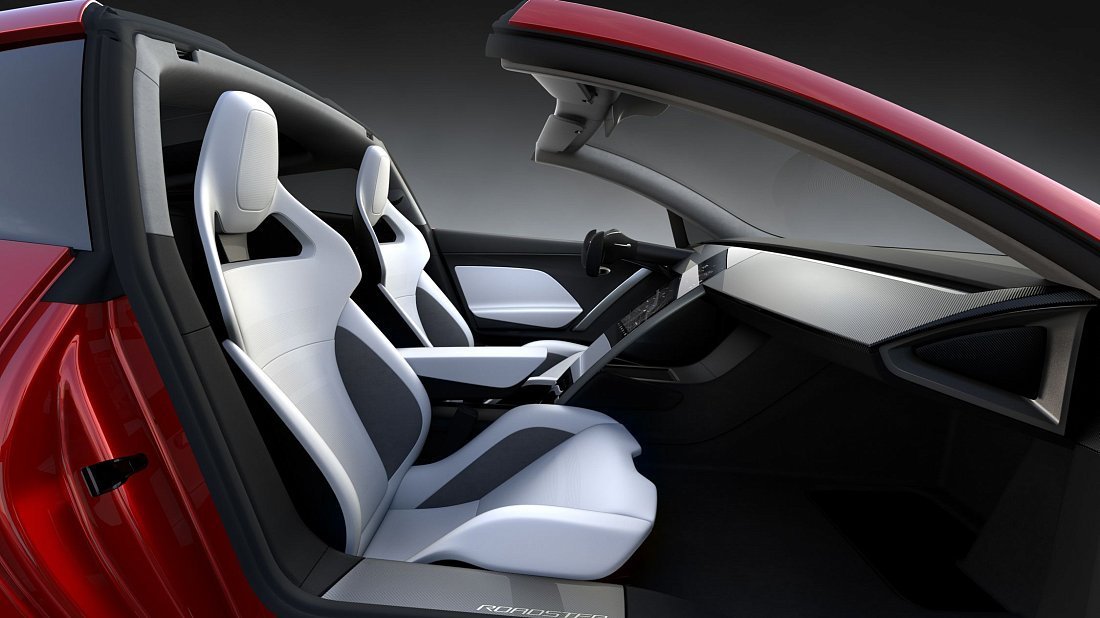Tesla Roadster 2025 интерьер, переднее сиденье, водительское сиденье, приборная панель, рулевое колесо, информационно-развлекательная система, кокпит