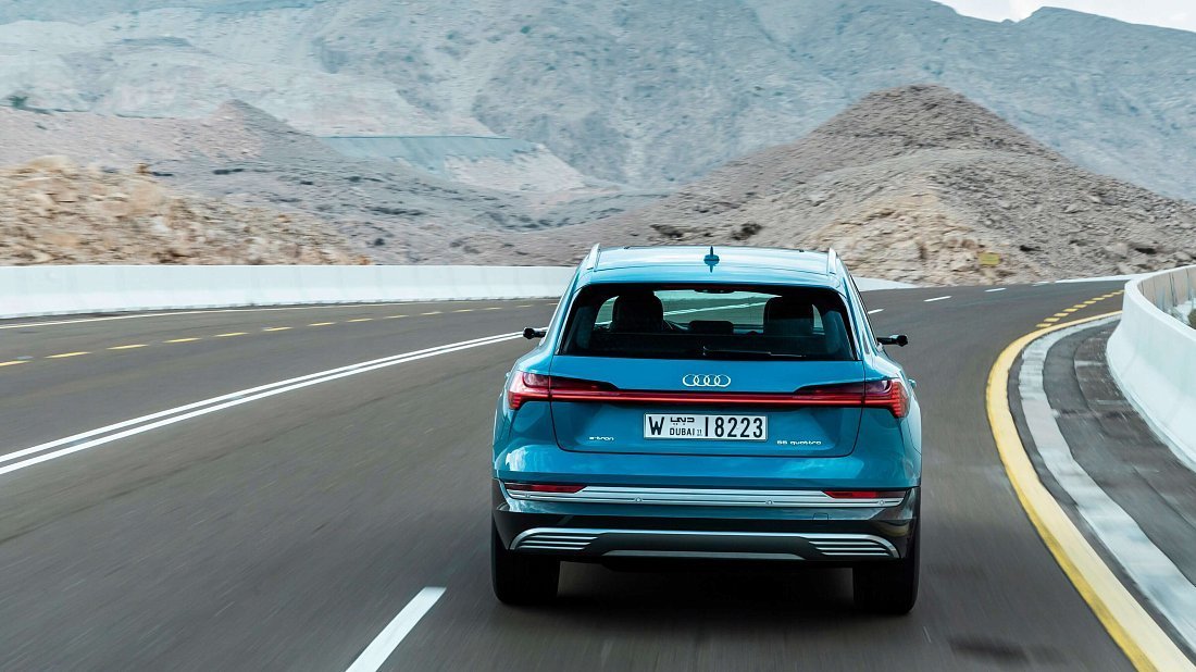 Audi e-tron 55 quattro (2019-2022) вид сзади, задние фонари, багажник, спойлер, эмблема, бампер, экстерьер