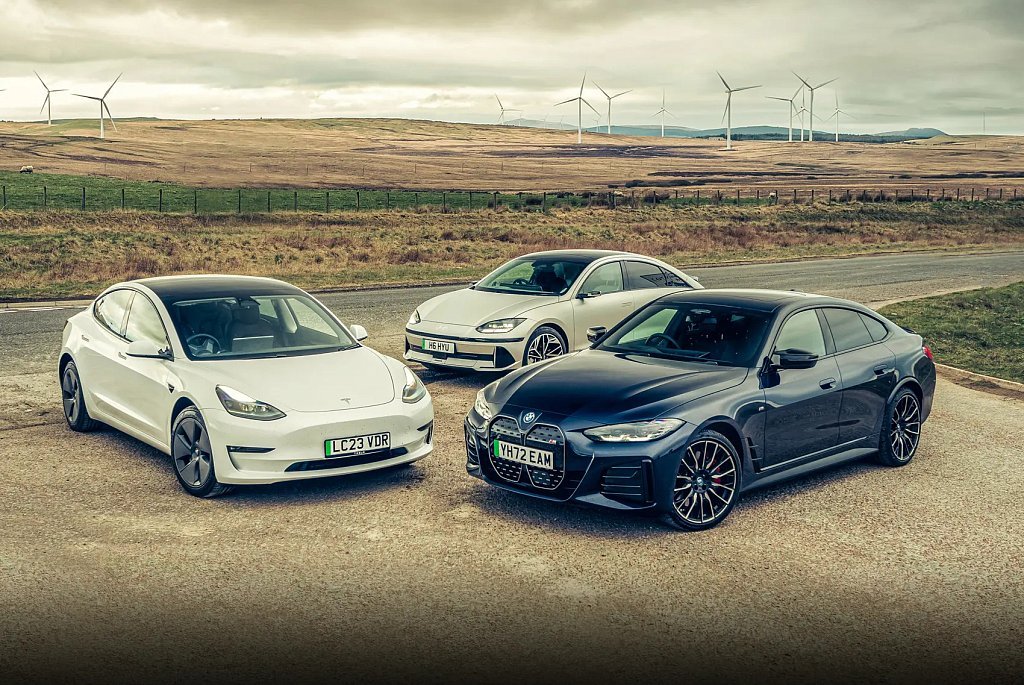 Tesla Model 3, BMW i4 and Hyundai Ioniq 6 (Image by Car Magazine)